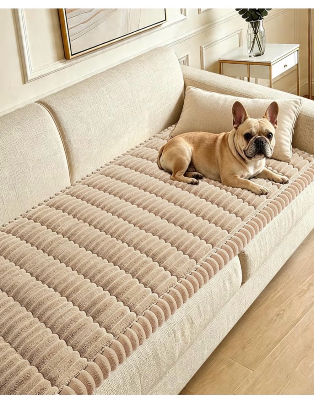 Beige Corduroy Quilted Sofa Cover - Plush Pet-Friendly